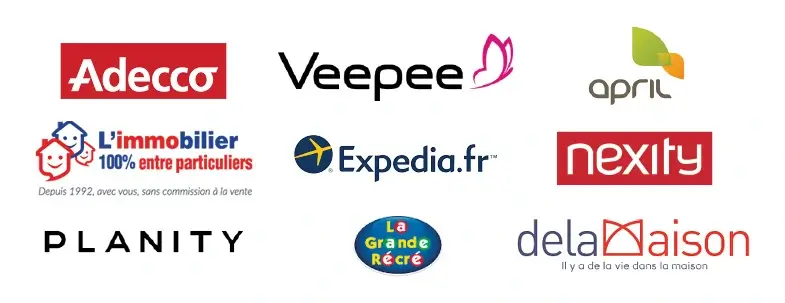 Logos références Murielle Germain rédactrice web : Nexity, April, Adecoo, Expedia, Planity, Delamaison, La grande récré, l'immobilier entre particulier
